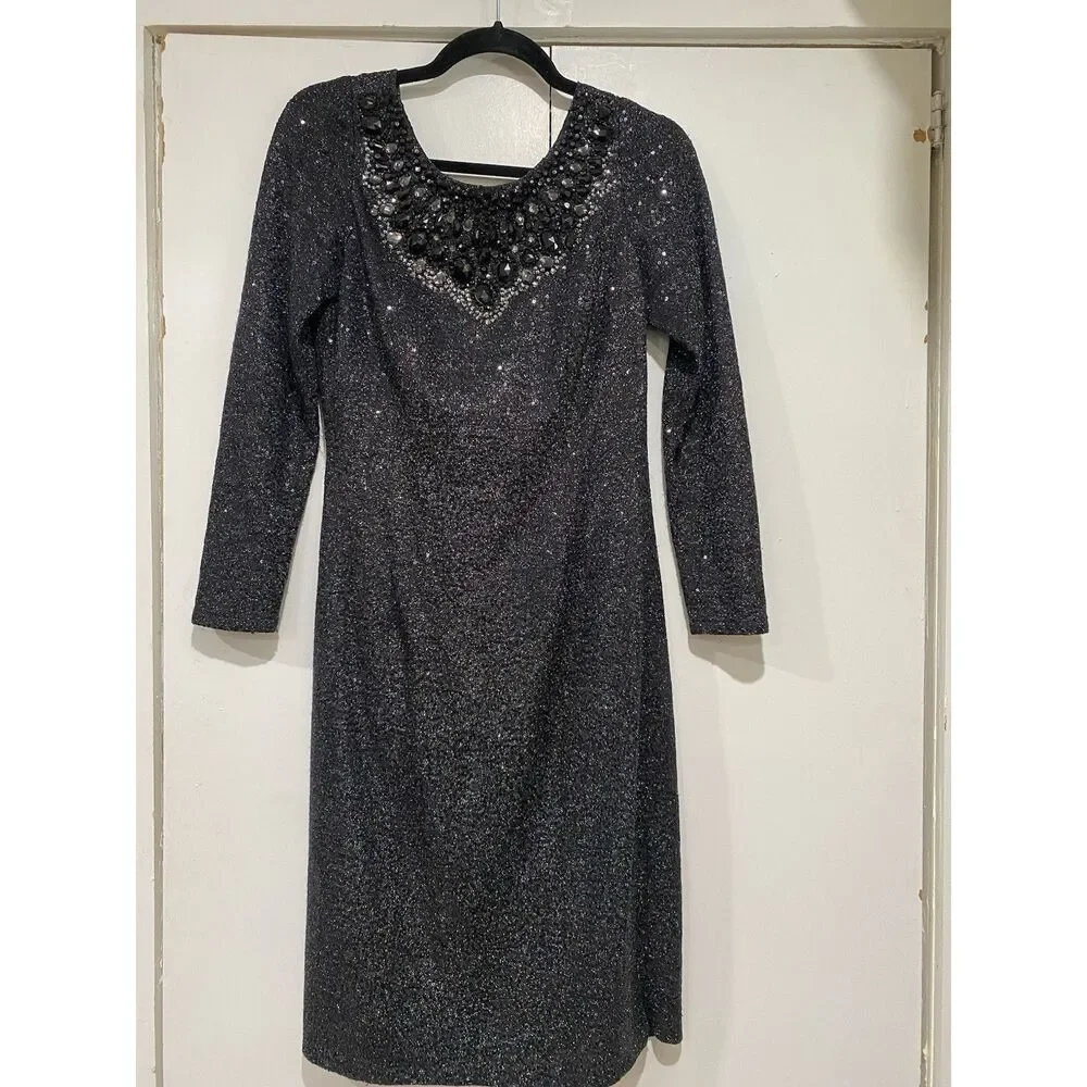Carmen Marc Valvo Dress Sz 8 Black Silver Beaded Neck Sequin Cocktail Midi - Picture 2 of 12